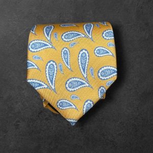 Corbata seda twill mostaza ameba azul