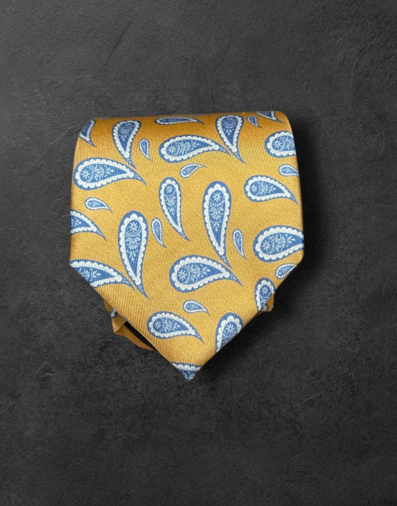 Corbata seda twill mostaza ameba azul