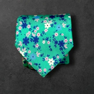 Corbata seda twill  flores verde
