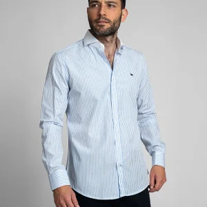Camisa rayas azules cuello blanco