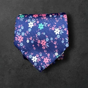 Corbata seda twill  flores marino