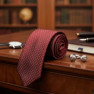 Corbata seda twill burdeos topito  blanco