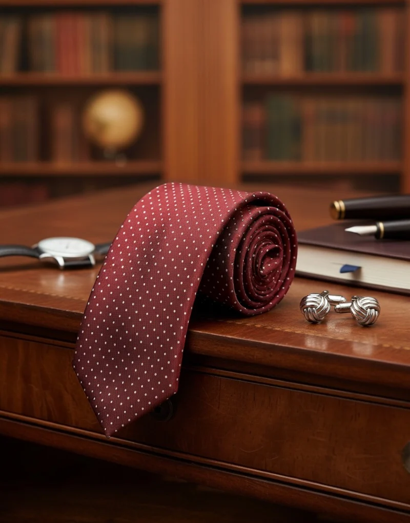 Corbata seda twill burdeos topito blanco