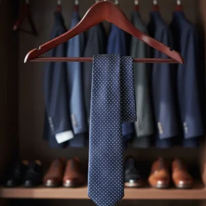 Corbata seda twill azul marino topito blanco