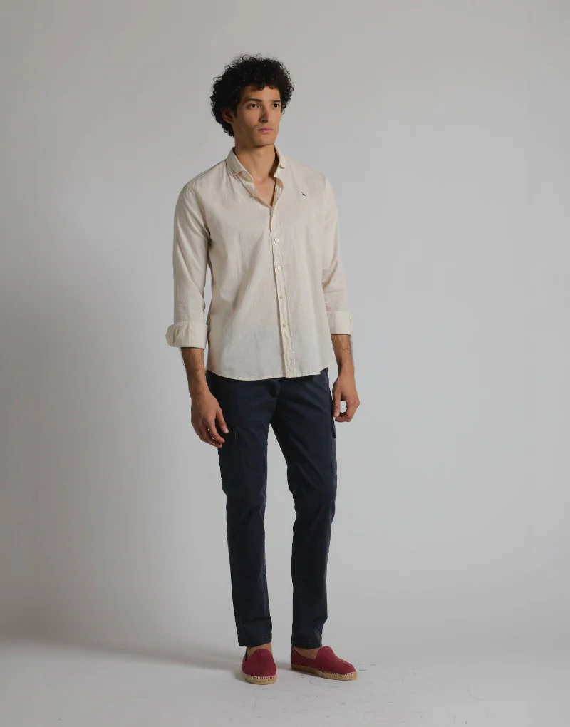 Camisa mezcla lino algodón beige - Imagen 7