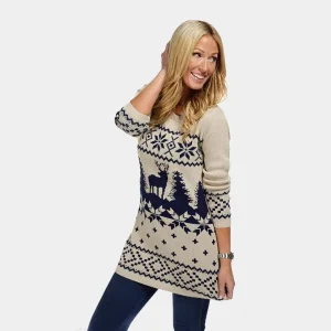 Vestido Navideña para Mujer Clásico Beige y Azul Marino