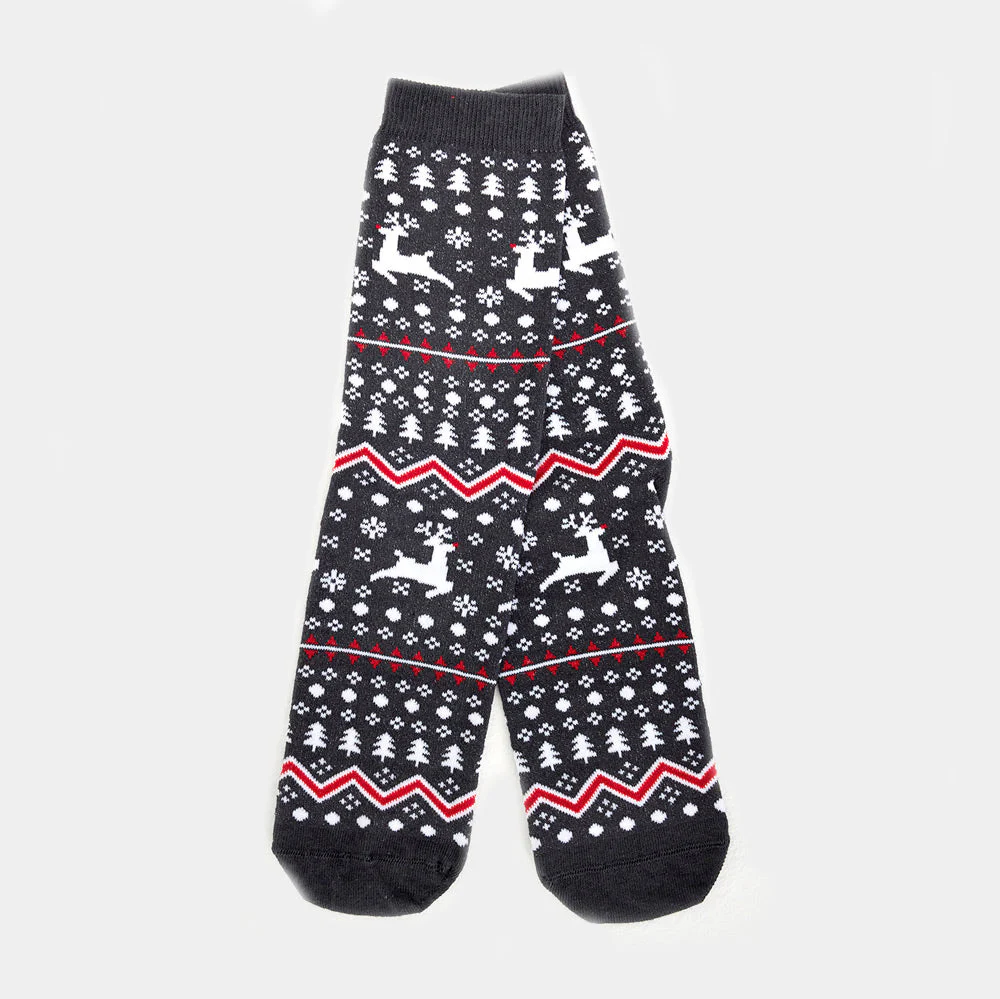 Calcetines Navideñas Unisex Grises Renos y Árboles
