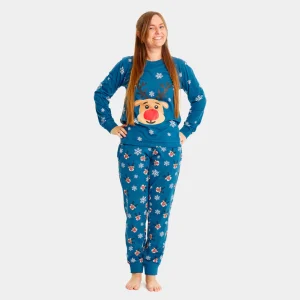 Pijama Navideña Adultos Unisex Azul con Reno Rudolph Algodón Orgánico