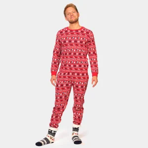 Pijama Navideña Adultos Unisex Rojo con Renos y Árboles Algodón Orgánico
