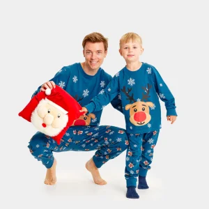 Pijama Navideña para Familia Azul con Reno Rudolph Algodón Orgánico
