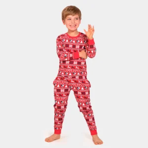 Pijama Navideña para Niños Rojo con Renos y Árboles Algodón Orgánico