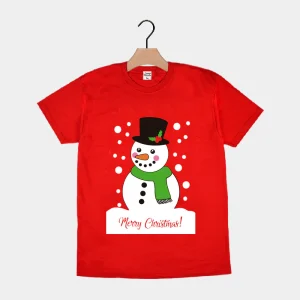 Playera Navideña para Hombre y Mujer Roja con Muñeco de Nieve