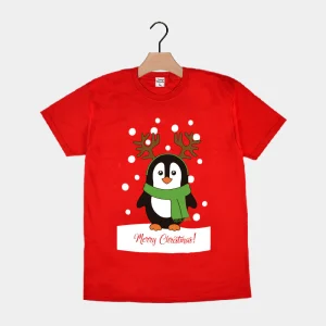 Playera Navideña para Hombre y Mujer Roja con Pingüino
