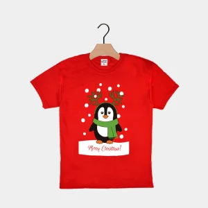 Playera Navideña para Niña y Niño Roja con Pingüino