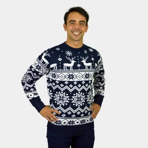 Suéter de Navidad para Hombre con Renos y Estrellas Azul Nordic