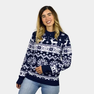 Suéter de Navidad para Familia con Renos y Estrellas Azul Nordic
