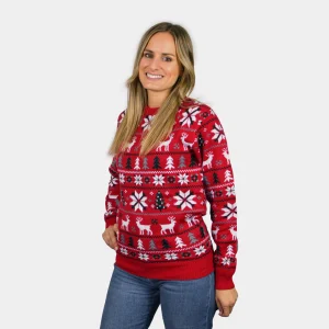 Suéter de Navidad Parejas Rojo con Renos, Árboles y Estrellas Polares
