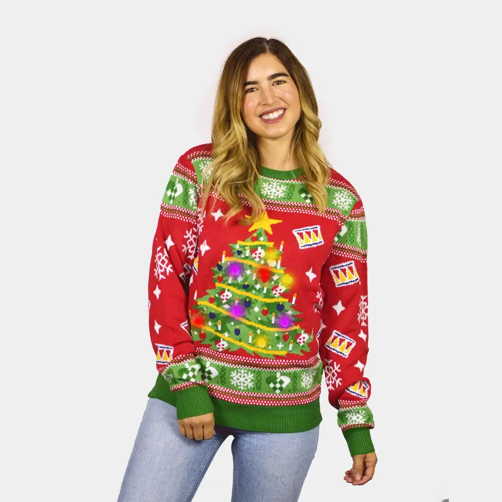 Suéter de Navidad con Luces LED Parejas Rojo con Árbol Navidad