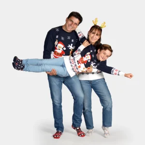 Suéter de Navidad para Familia Azul Papá Noel y Reno Rudolph