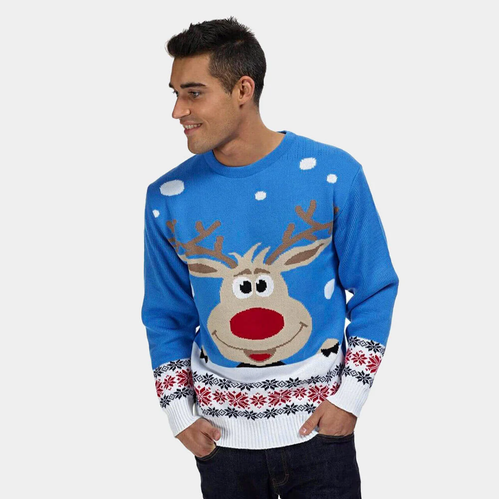 Suéter de Navidad para Hombre Azul Claro con Reno y Nieve