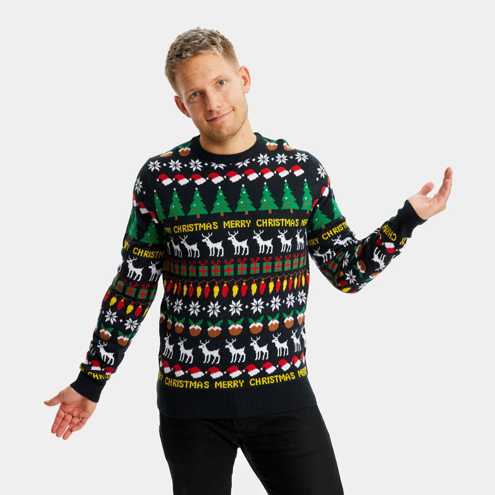Suéter de Navidad para Hombre Negro con Árboles, Renos y Regalos