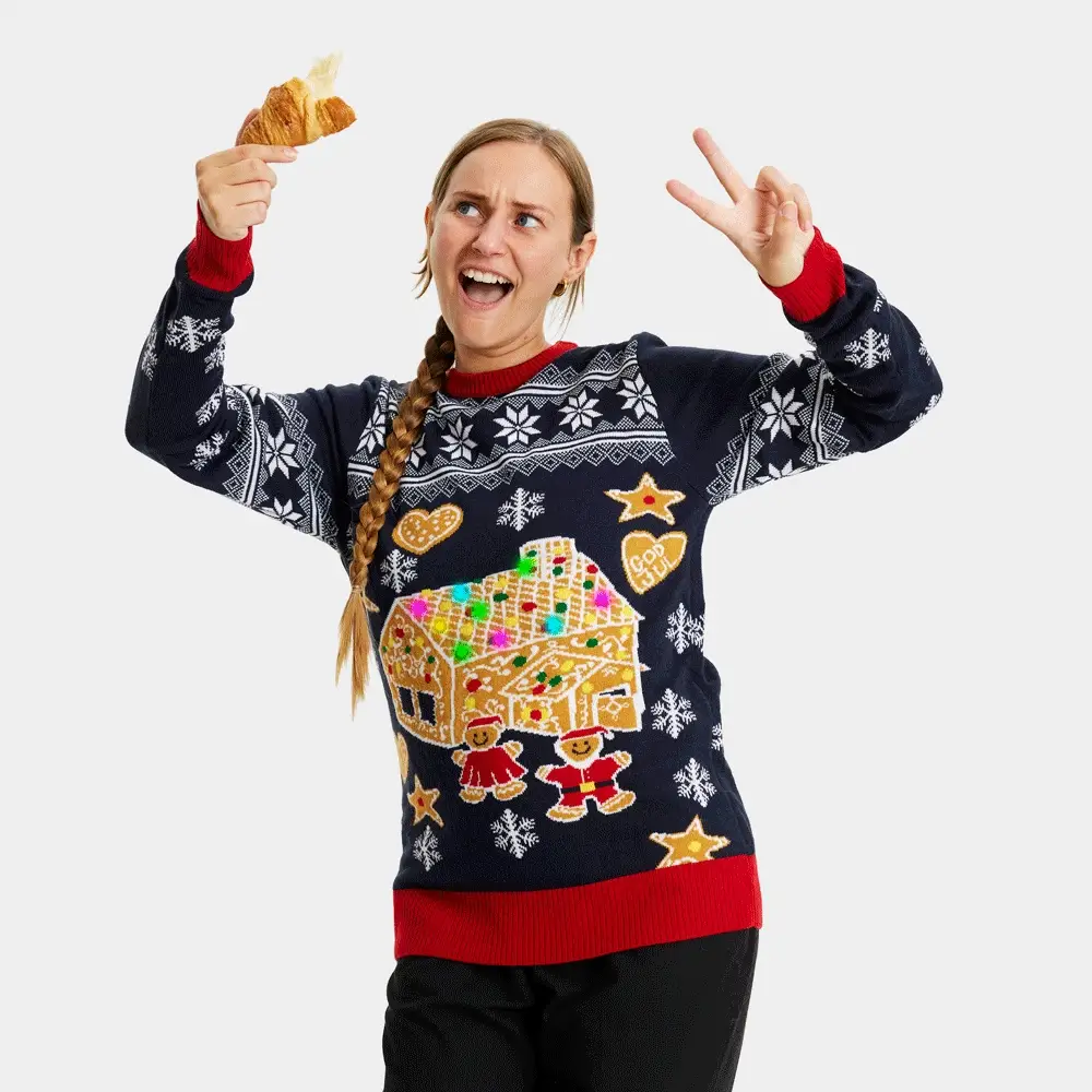 Suéter de Navidad de Luces LED para Mujer Casa Gingerbread - Imagen 4