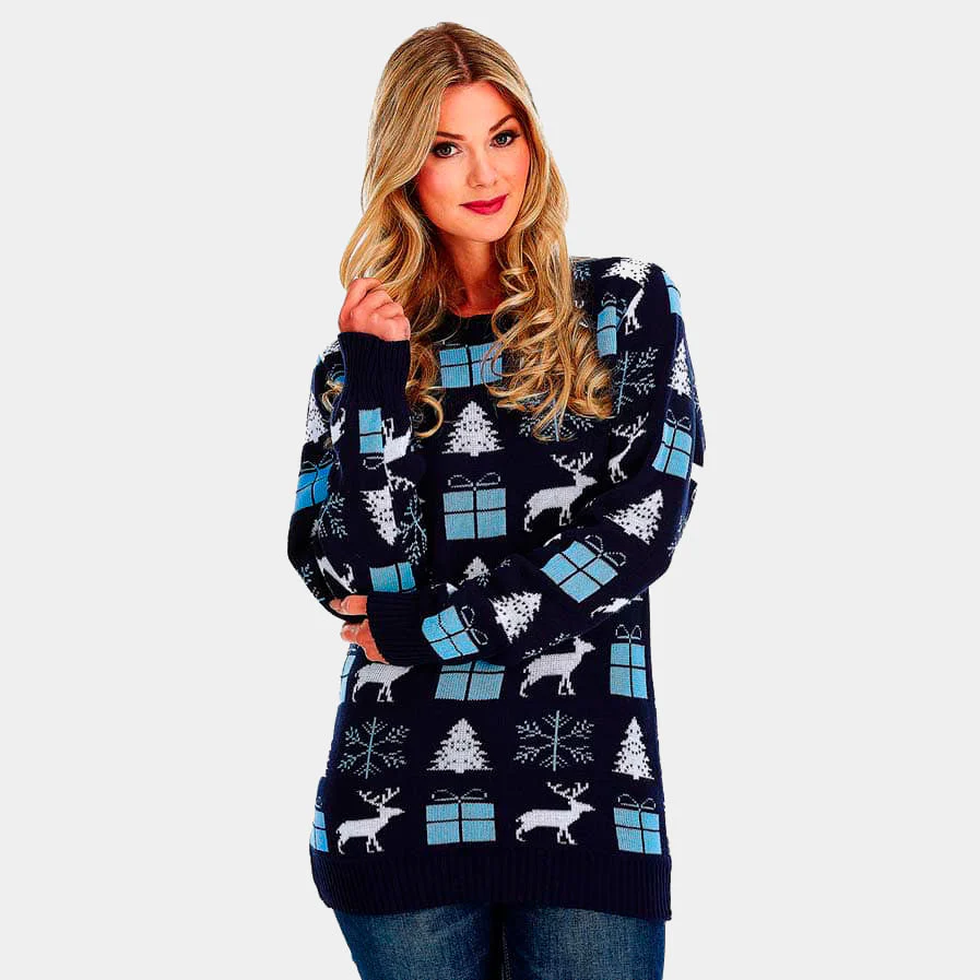 Suéter de Navidad para Mujer Azul con Renos, Regalos y Pinos - Imagen 4