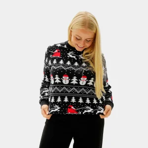 Suéter de Navidad Parejas Negro Árboles, Muñecos y Papá Noel