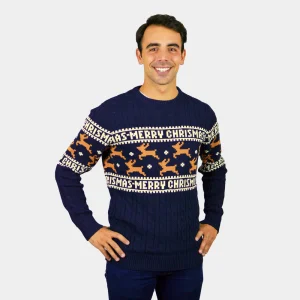 Suéter de Navidad para Hombre Elegante Azul con Renos Algodón Orgánico