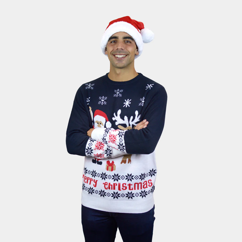 Suéter de Navidad Parejas Papá Noel y Reno Rudolph Azul - Imagen 3