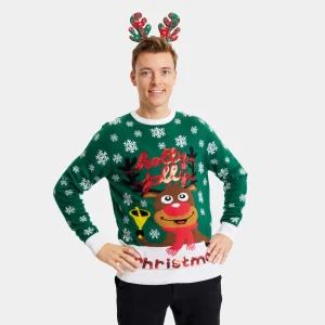 Suéter de Navidad para Hombre Verde Holly Jolly Lentejuelas