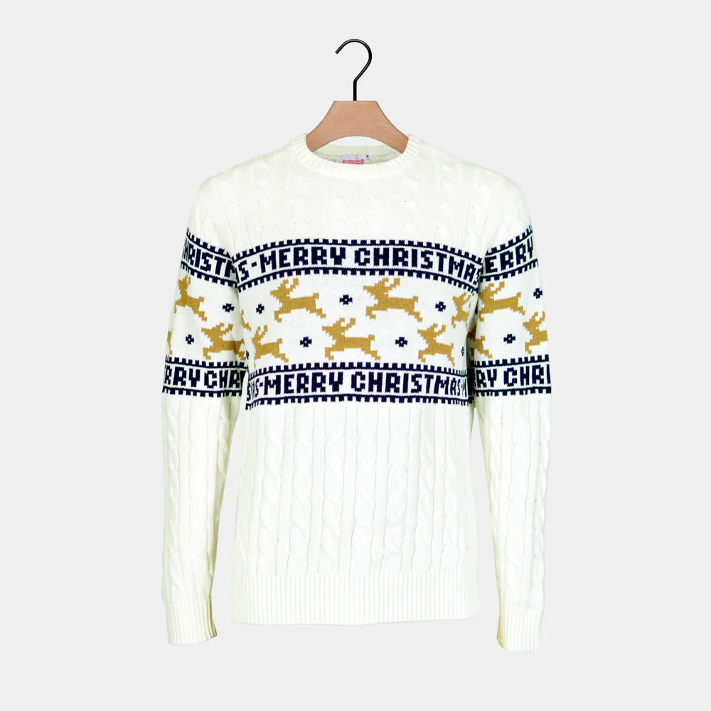 Suéter de Navidad para Niña y Niño Elegante Blanco con Renos Algodón Orgánico